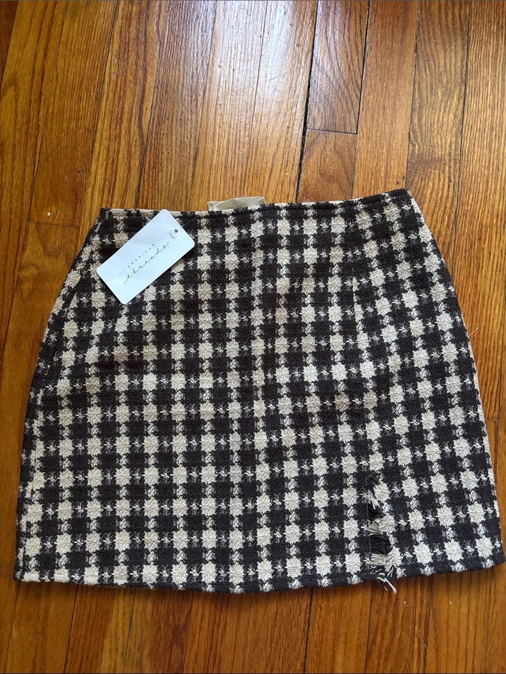 Brown + Tan Check Tweed Mini Skirt